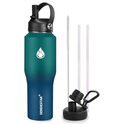 32oz Water Bottle Wide Mouth Stainless Steel Vacuum Insulated Double Wall with Straw Lids Fit in Any Car Cup Holder (Green & Blue / 32 Ounces)