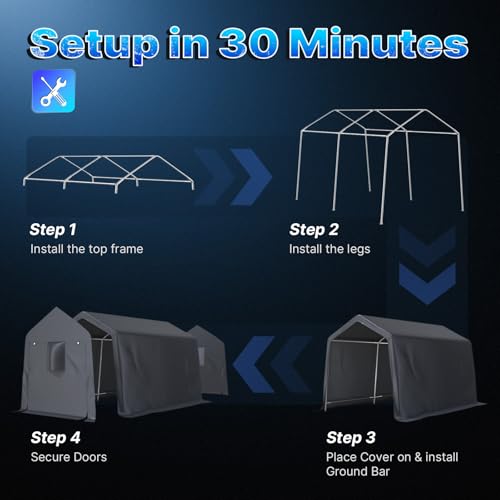 8x14 ft Steel Metal Peak Roof Portable Garage Shelter Storage Shed Carport for Motorcycle (Dark Gray / 8'x14')