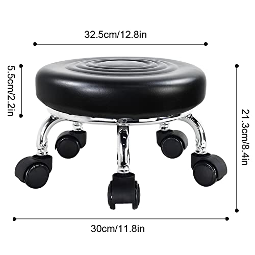 Roller Seat PU Leather Foot Stool Low Rolling Stool 360° Round Step Stool (Black)