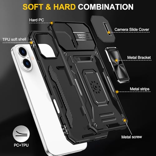 Heavy Duty Phone Case for i Phone 16 Case with Camera Cover Black (iPhone 16 【6.1 inch】 / Black)