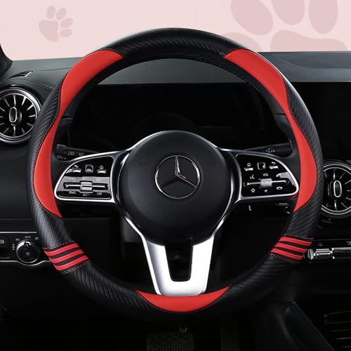 Car Steering Wheel Covers for Women Padded Carbon Fiber PU Leather Cute Auto Interior Accessories for Vehicle (Red+Black / Standard Size[14.75-15.15"](37.5-38.5cm))
