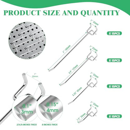 60Pcs 2" 4" 6" 8" Pegboard Hooks Assortment Set (2/4/6/8 Inches / Silver)
