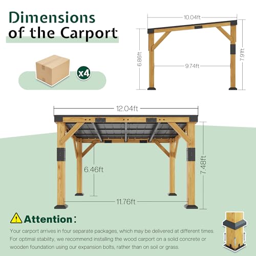 10x12x8 FT Cedar Wood Carport with Sloped Galvanized Steel Roof (10x12x8 FT)