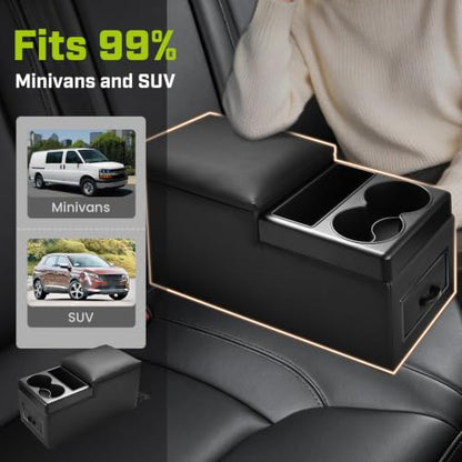 Center Console Between Seat Organizer for Minivans & SUVs Floor Console Universal Car Storage Box with Cup Holders (With Tablet Holder)