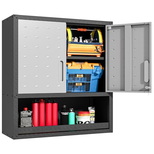 Wall Mounted Metal Storage Cabinet (Black & Gray / H30.31" - 2 Doors & Open Storage)