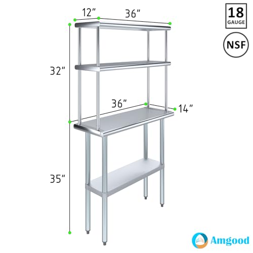 Stainless Steel Work Table Double Tier Overshelf (14" x 36" Work Table + 12" Overshelf)