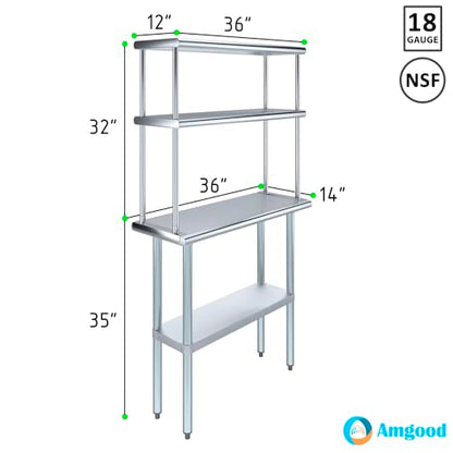 Stainless Steel Work Table Double Tier Overshelf (14" x 36" Work Table + 12" Overshelf)