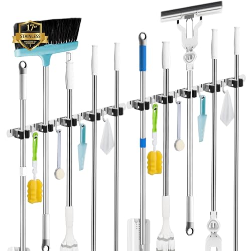 2 Pack Broom Holder Wall Mount (5 Racks & 4 Hooks (Silver) - 2 Pack)