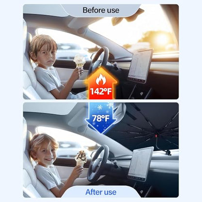 2026 Upgrade] Car Windshield Sun Shade Umbrella (56 x 31 in / Black+Sliver)