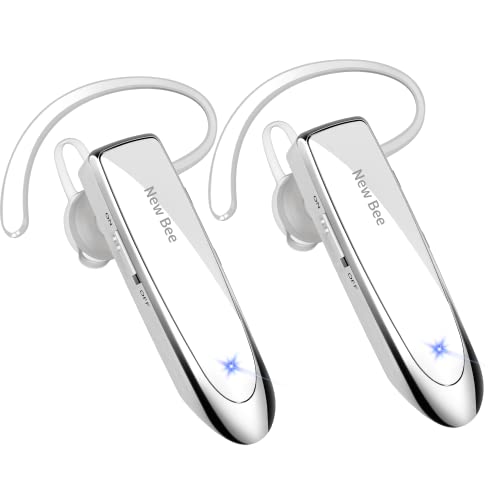 2 Pack] Bluetooth Earpiece V5.0 Wireless Handsfree Headset 24 Hrs Driving (White)