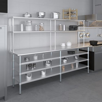 24" x 60" Stainless Steel Work Table with 3 Shelves and 12" Wide Double Tier Overshelf (24" x 60" Table with 3 Shelves + 12" Overshelf)