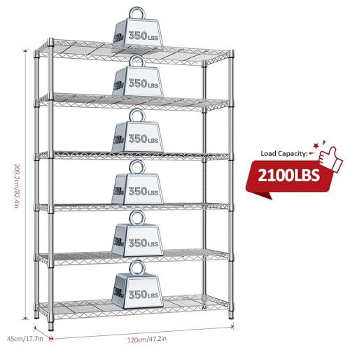 6 Tier Heavy Duty Metal Wire Shelving Unit (6 Tier, 17.7" D x 47.2" W x 82.7" H / Chrome)
