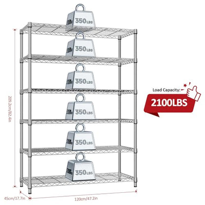 6 Tier Heavy Duty Metal Wire Shelving Unit (6 Tier, 17.7" D x 47.2" W x 82.7" H / Chrome)