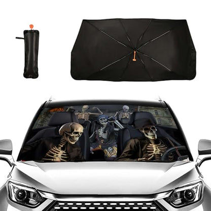 Funny Skull Car Windshield Sun Shade Umbrella Windshield Shade Sunshades Car Cover for Most Vehicles Foldable Front Window Sunshade Cover (One Size / Funny Skull)
