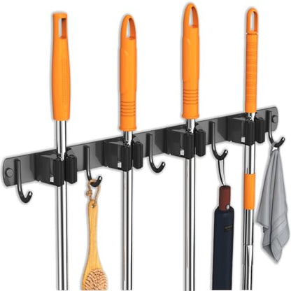 Mop and Broom Holder Wall Mount for Kitchen Laundry Room Decor (Black / 4 Racks with 5 Hooks)