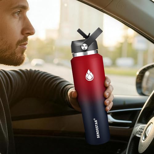 40oz Water Bottle Wide Mouth Stainless Steel Vacuum Insulated Double Wall with 2 Straw Lids Fit in Any Car Cup Holder (Carbon Red / 40 Ounces)