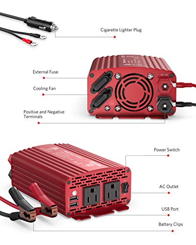 500W Power Inverter DC 12V to 110V AC Converter with Alligator Battery Clamp 4.8A Dual USB Car Charger ETL Listed (Red)