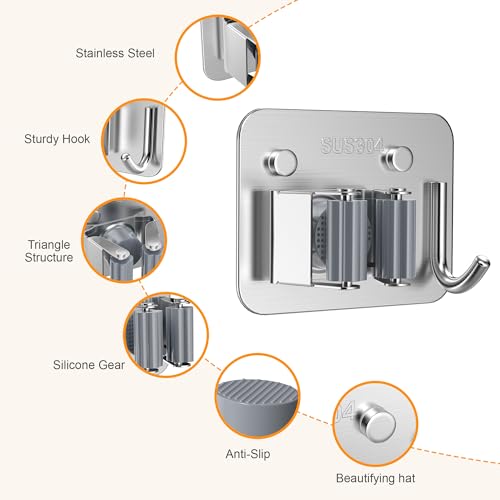 4 Pack Stainless Steel Heavy Duty Broom Holder Wall Mount with Hook (C-Sliver / 4PCS Gripper)