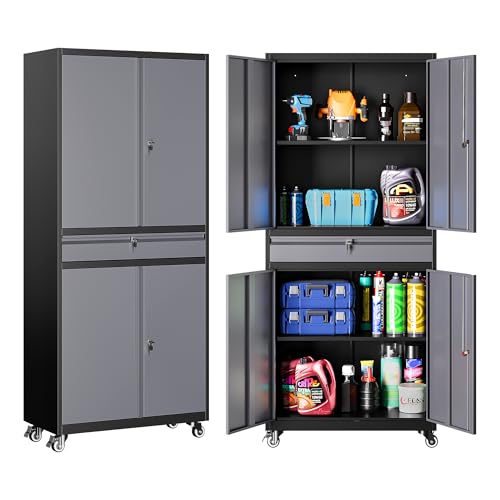 Metal Garage Storage Cabinet with Wheels and Drawer (73"H x 31.5"W x 16"D / Black Gray)