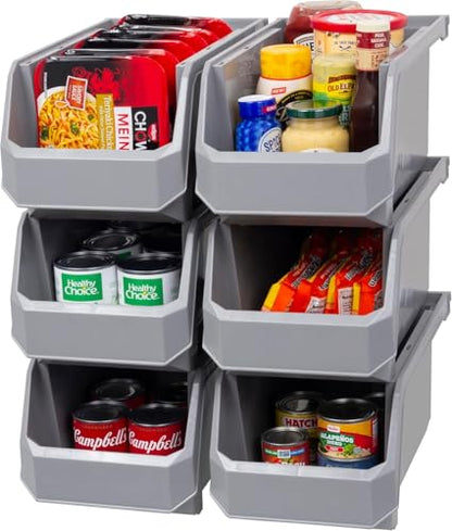 Large Stackable Plastic Storage Bins (Grey / Large, 6-Pack)