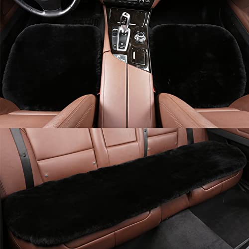 Genuine Sheepskin Car Seat Cushion Seat Covers for Cars Truck SUV Comfort Seat Protector Pad for Car Driver Seat Car Accessories for Decor (Black / 2 Front Seat Cushions & Bench Seat Cushion-3 Pcs)