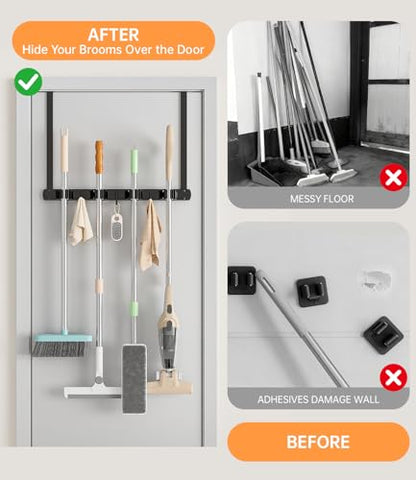 Broom Holder Over The Door with Hooks (Black)