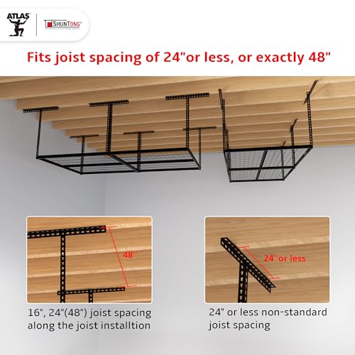 The Atlas 4 x 8 ft Adjustable Height Overhead Garage Storage Rack 900 lbs Heavy Duty Capacity Hammertone Finish (900lbs - Hammertone)