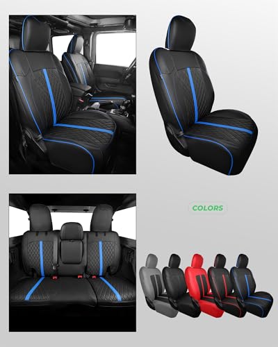 for Jeep Wrangler Leather Custom Car Seat Covers Full Set 4 Door (Black with Blue Trim / JL 18-26 4Door With Rear Cup Holder)