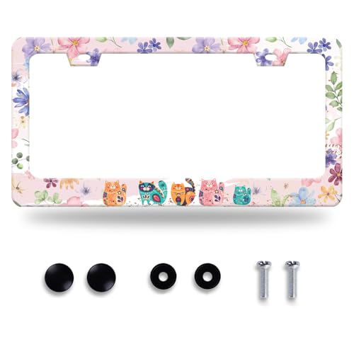 Cat Flowers License Plate Frame Stainless Steel Accessory 12.3x6.3 Inch (Animal Cat and Flower)