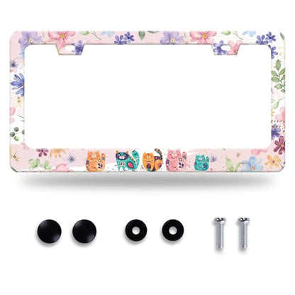 Cat Flowers License Plate Frame Stainless Steel Accessory 12.3x6.3 Inch (Animal Cat and Flower)