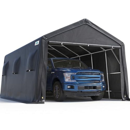 13x20 ft Carport 2 Roll up Doors & Vents Outdoor Portable Storage Shelter Garage Tent for Vehicle Boat Truck Anti (Dark Gray / 13'x20')