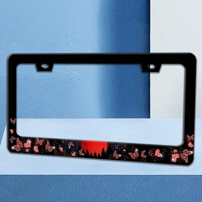 Red Moon Butterfly License Plate Frame Stainless Steel Material 6x12 Inch (Red Moon Butterfly)