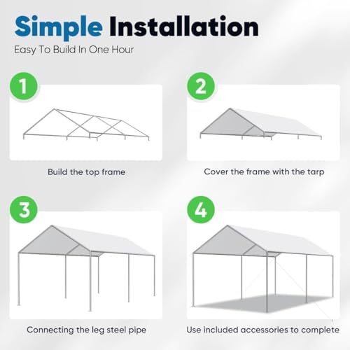10x15 ft Heavy Duty Car Canopy Galvanized Frame Carport Outdoor Party Tent Boat Shelter with 3 Reinforced Steel Cables (White / 10'x15')