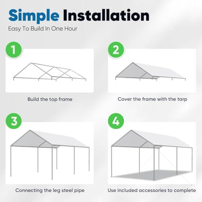 10x15 ft Heavy Duty Car Canopy Galvanized Frame Carport Outdoor Party Tent Boat Shelter with 3 Reinforced Steel Cables (White / 10'x15')