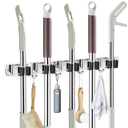 Broom Holder Wall Mount Stainless Steel Mop Organizer (Stainless Steel - 5 Racks with 4 Hooks / 1 Pack)