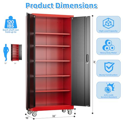 Garage Storage Cabinet with Pegboard (Black&red / 16"D x 32"W x 71"H)