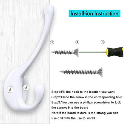 10 Pack Heavy Duty Dual Coat Hooks Wall Mounted with 20 Screws Retro Double Hooks Utility Black Hooks for Coat (White)