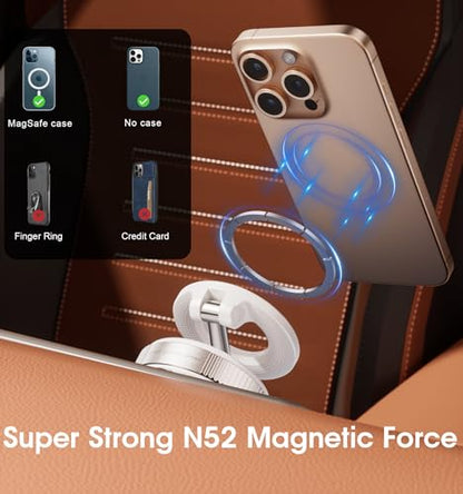Strong Magnetic Car Phone Holder for MagSafe Ultra Vacuum Suction Cup Phone Mount 360° Cell Phone Holders for Your Car Accessories for iPhone 16 15 14 13 12 Android (White)