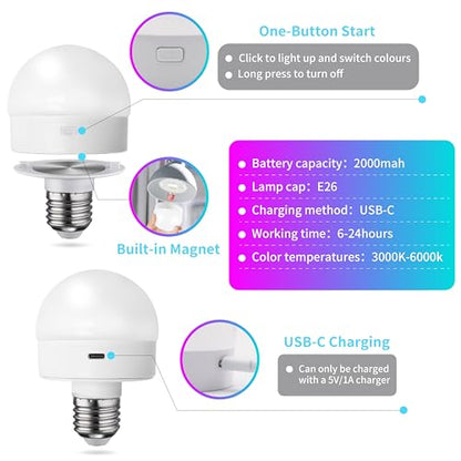 E26 Magnetic Rechargeable Light Bulbs with Remote (2000mAH-4PK)