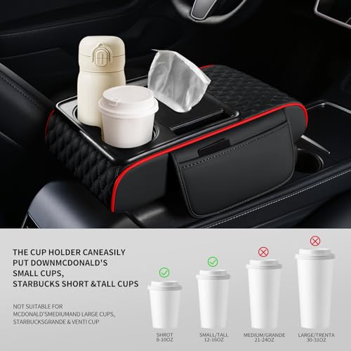 5-in-1 Car Center Console Armrest Cover Pad, Multifunctional Car Arm Rest Organizer with Cup Holder, Tissue Slot & Side Storage Pockets, Soft Leather Auto Armrest Cushion, Black Red Strip (Black Red Strip)