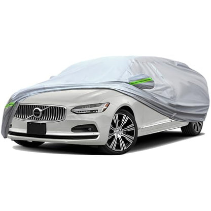 6 Layers Full Car Cover Universal Premium Shell Zipper Design Waterproof All Weather Weatherproof UV Sun Protection Snow Dust Storm Resistant Outdoor with Straps (Green reflective strip / Sedan-XL ( Fit for Sedan 197"- 208" ))