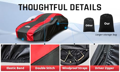 Large Car Covers for Automobiles with Red Stripe Design (Universal Fit - 1-C6 Sedan Length 209-218 inch)