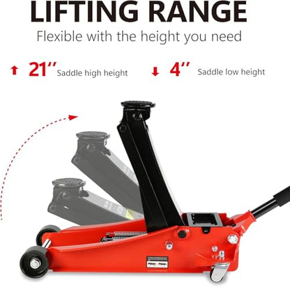 4 Ton Low Profile Floor Jack (Red - 4 Ton(Dual Pump), Lift 4"-21")