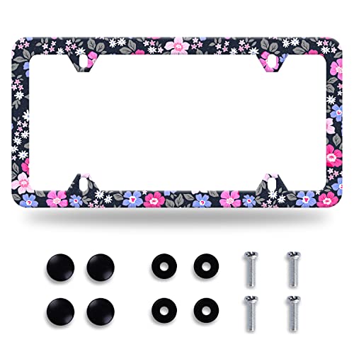 Hibiscus Flower License Plate Frame Stainless Steel Accessory 12.3x6.3 Inch (Purple and Pink Hibiscus Flowers)