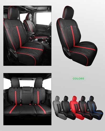 for Jeep Wrangler Leather Custom Car Seat Covers Full Set 4 Door (Black with Red Trim / JL 18-26 4Door Without Rear Cup Holder)