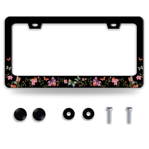 Colorful Butterfly Flowers Stainless Steel License Plate Frame for US Cars (Colorful Butterfly)