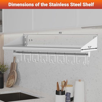 12" x 48" Stainless Steel Shelf Wall Mounted with 8 Hooks (12" x 48" / 1 Piece)