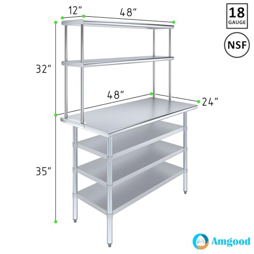 24" x 48" Stainless Steel Work Table with 3 Shelves and 12" Wide Double Tier Overshelf (24" x 48" Table with 3 Shelves + 12" Overshelf)