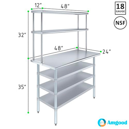 24" x 48" Stainless Steel Work Table with 3 Shelves and 12" Wide Double Tier Overshelf (24" x 48" Table with 3 Shelves + 12" Overshelf)
