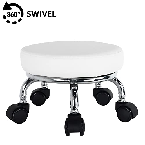 Modern Roller Seat PU Leather Low Round Rolling Stool 360° Swivel Small Seat with Universal Wheels Foot Stool for Home Office Garage Shop Fitness Sport H：8.6" （White） (White)